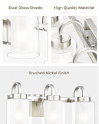 TENGXIN 3-Light Bathroom Vanity Light, Brushed Nickel Vanity Light Over Mirror, Farmhouse Wall Sconces with Dual Glass Shade, Modern Wall Lamp for Bathroom Hallway Living Room