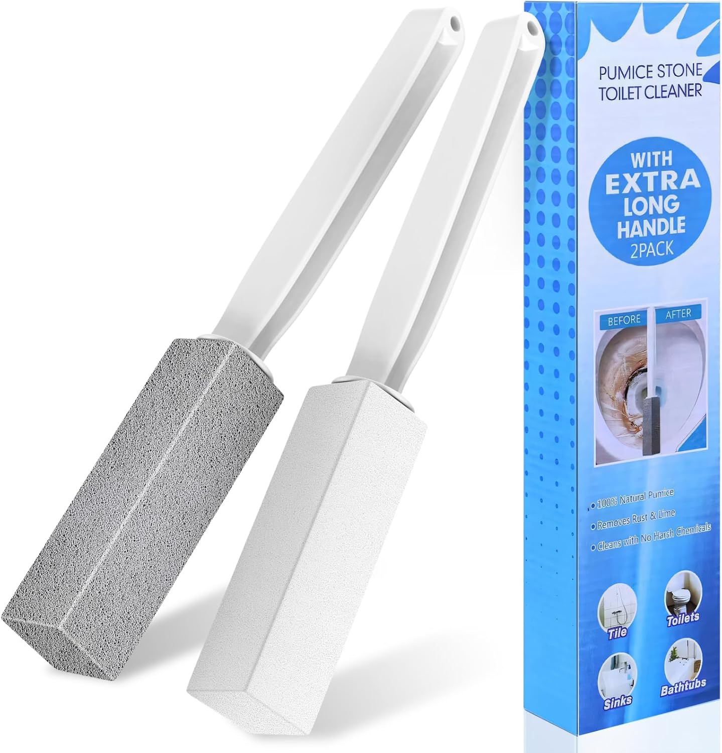 Toilet Bowl Cleaner Pumice Stone -Hard Water Stain Remover, Powerfully Removes Toilet Bowl Rings，Rust &Lime，Ideal for Toilet Brush/BBQ Grills/Sink/Pool/Bathroom【2Pack】 (Extra Long Handle)