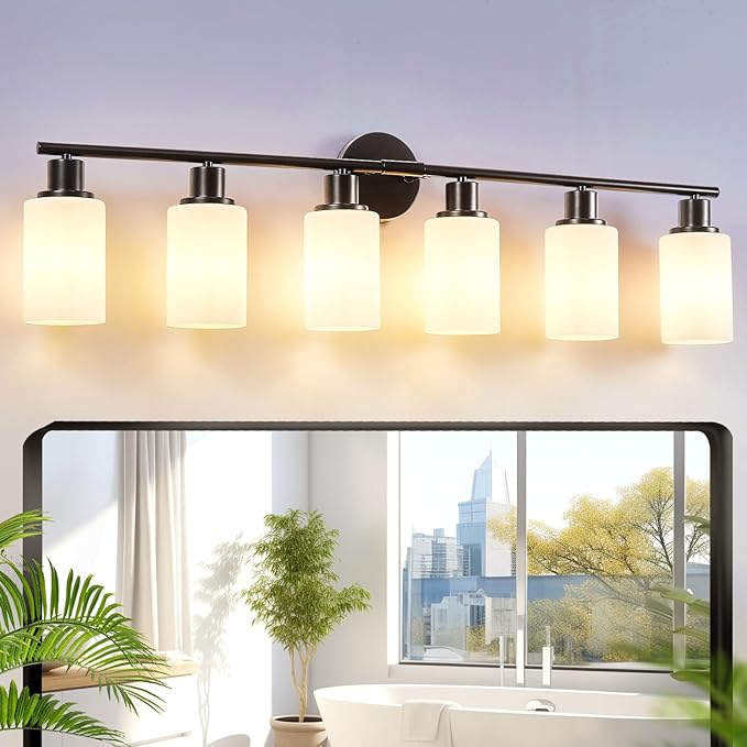 DLLT 6-Light Bathroom Light Fixtures: Black Modern Vanity Lights with E26 Bulbs - Milky White Glass Shade Bathroom Wall Lamp for Mirror Kitchen Living Room Hallway Cabinet Porch