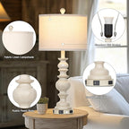 27.5" Farmhouse Table Lamps Set of 2, Rustic Living Room Lamps with USB C+A Ports & AC Outlet, Vintage Bedside Lamps with Linen Shade, Tradition Bedroom Lamps for Nightstand Side End Table Desk, Beige