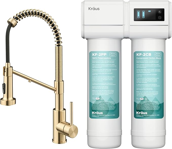 KRAUS Bolden 2-in-1 Commercial Style Pull-Down Single Handle Water Filter Kitchen Faucet in Spot-Free Antique Champagne Bronze with Purita 2-Stage Under-Sink Filtration System