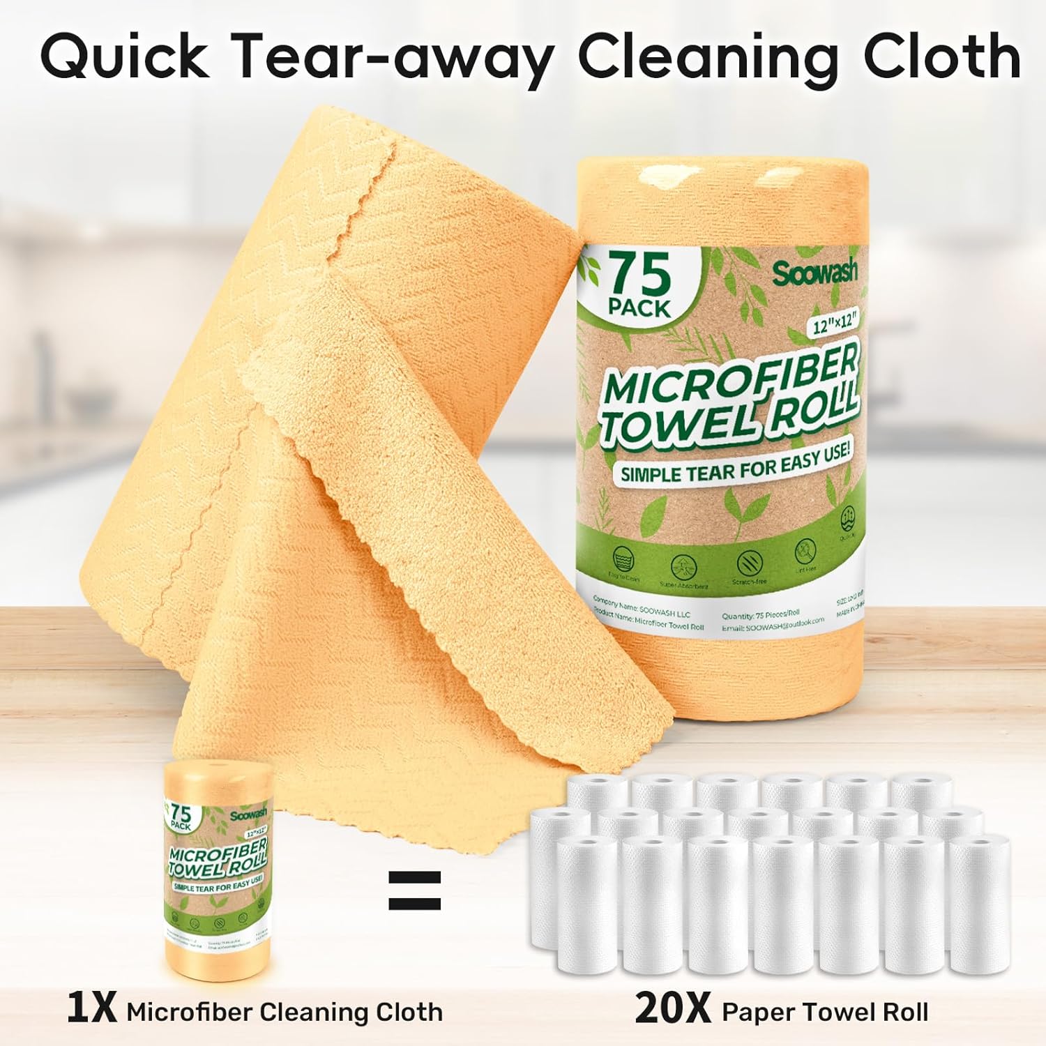 Microfiber Cleaning Cloths Roll, 75 Pack Tear Away Microfiber Towels Roll, 12" x 12" Lint Free Rags, Reusable Cleaning Cloths, Washable, Scratch Free,Ultra Absorbent Dish Rags(Orange Ripple)
