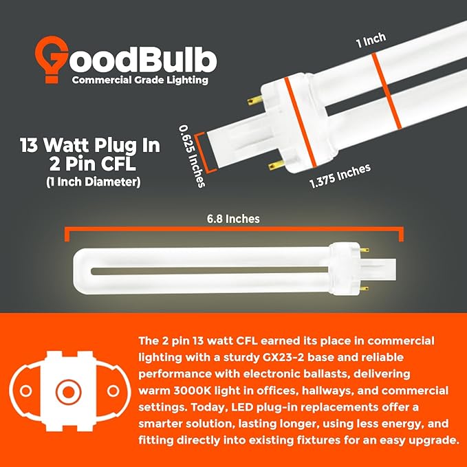 GoodBulb 13 Watt CFL Light Bulbs | 2 Pin GX23 Base 3000K Warm White | 13W High Output 800 Lumens | Single Tube Compact Fluorescent Light Bulbs Plug-in | 10 Pack