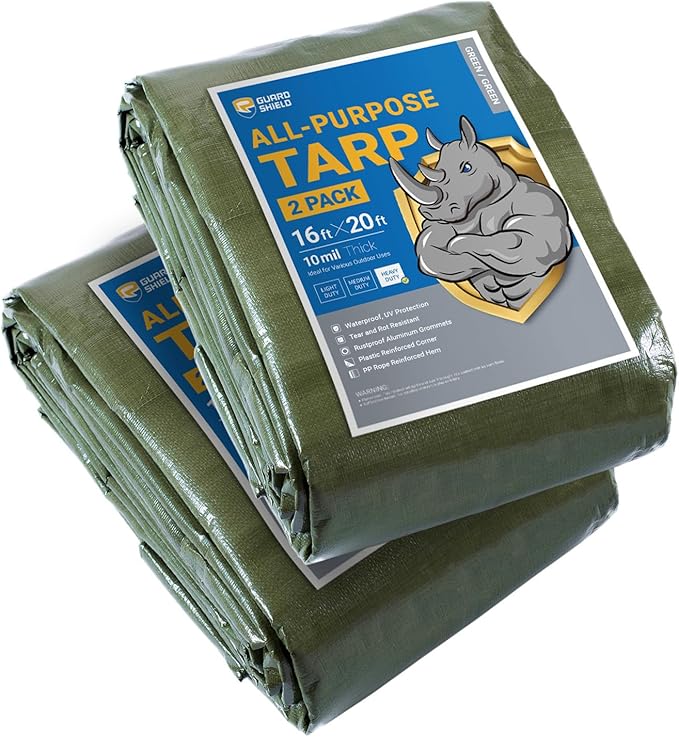 GUARD SHIELD Tarps Heavy Duty Waterproof 16x20 Feet Green Poly Tarp Cover Outdoor Thick UV Resistant Tarpaulin with Grommets 10mil (2-Pack)