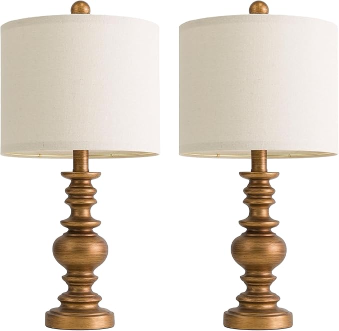 BOBOMOMO 20" Antique Gold Table Lamps Set of 2 – Handcrafted Vintage Bedside Lamps with Linen Shades, Elegant Farmhouse Lamps for Bedroom, Living Room, or Entryway – Perfect for Compact Spaces