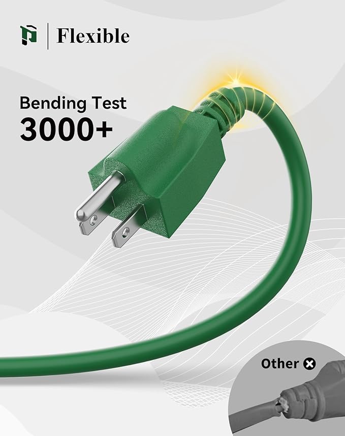 PLUGTUL 15FT Outdoor Extension Cord with Multiple Outlets, 14 Gauge, 3-Outlet, SJTW, 15A 14AWG 1875W SJTW, ETL Listed - Great for Christmas Decoration Lights, Green