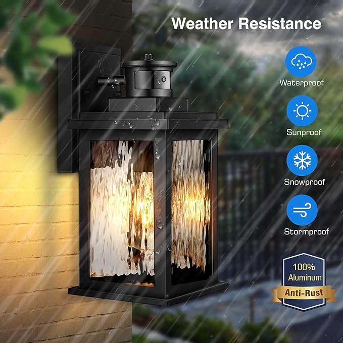 VIANIS Motion Sensor Exterior Lights for House, 2 Pack Dusk to Dawn Porch Lights Sconce Outdoor, Moden Black Outdoor Sconce Lights Lantern with Tempered Glass for Garage, Patio, Waterproof