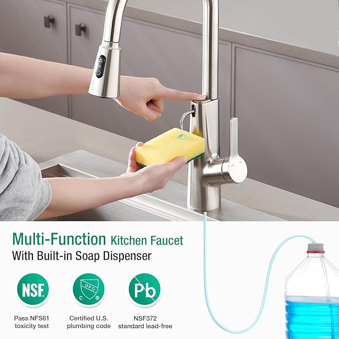 CREA 2 in 1 Kitchen Faucets with Soap Dispenser Built-in and Pull Down Sprayer,Single Handle Bar Sink Faucet 1 Hole Utility Laundry Commercial Faucet Brushed Nickel Stainless Steel
