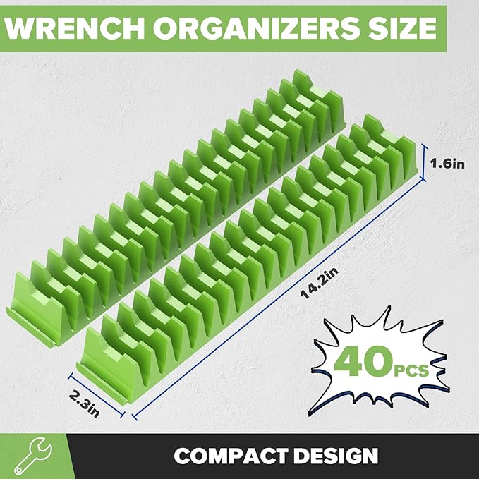 40PCS Modular Wrench Organizer Wrench Holder - Wrench Tool Organizers for Tool Drawer Storage, Wrench Storage Set with Metric & SAE Label, Wrench Rack Tool Gift for Professional Mechanics Men, Green