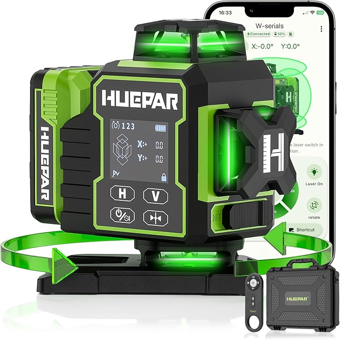 Huepar Laser Level 360 Self Leveling, W04CG Upgraded 4x360° Bluetooth Construction Lazer Leveler Tool with Electric Rotating Base ＆ Large LCD Screen, 4D 16 Lines Green Cross Laser Level