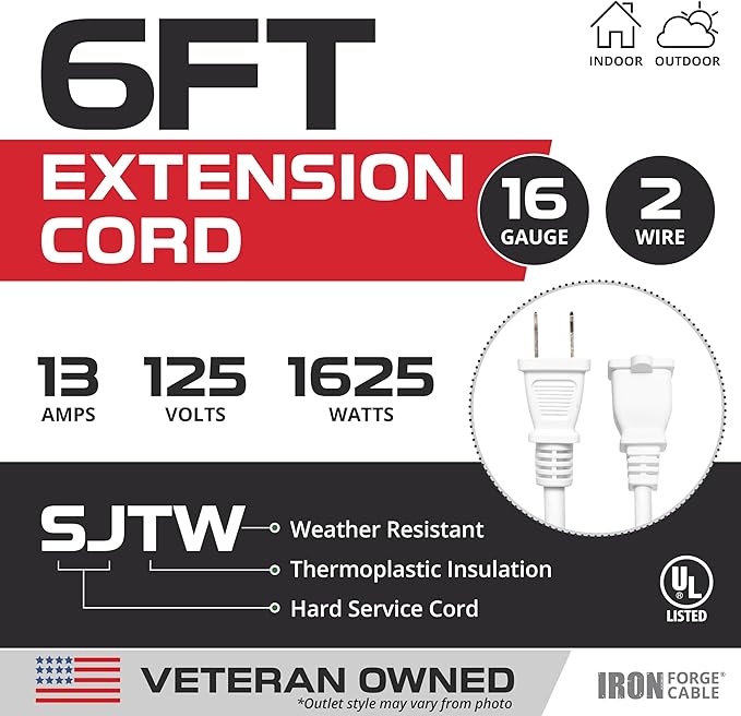 Iron Forge Cable 2 Prong Outdoor Extension Cord 6 ft, 16/2 SJTW 6 Foot White Extension Cord, Weatherproof - Great for Outdoor Lights, Deck, Patio