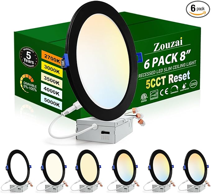 zouzai 8 Inch Black 18W Eqv 150W 1685LM 5CCT Ultra-Thin LED Recessed Ceiling Light with Junction Box 2700K/3000K/3500K/4000K/5000K Selectable, Dimmable ETL and Energy Star Certified【6 Pack 】