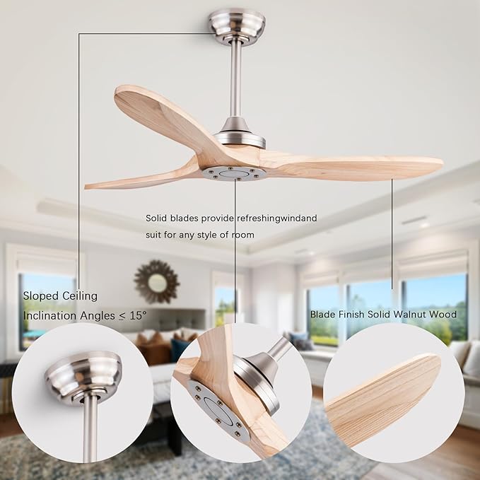 42" Wood Ceiling Fan No Lights with Remote Control，Wooden 3 Blades Ceiling Fans Without Light for Patio,Garage,Living Room,Bedroom,Office,Indoor/Outdoor(Nickel+Raw wood)