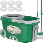 Dual Compartment Spin Mop and Bucket, Mop and Bucket with Wringer Set,360°Rotating Spinning Mopping for Floor Cleaning with 6 Microfiber Replacement Heads, 61" Extended Handle, 2X Wheel - Deep Green