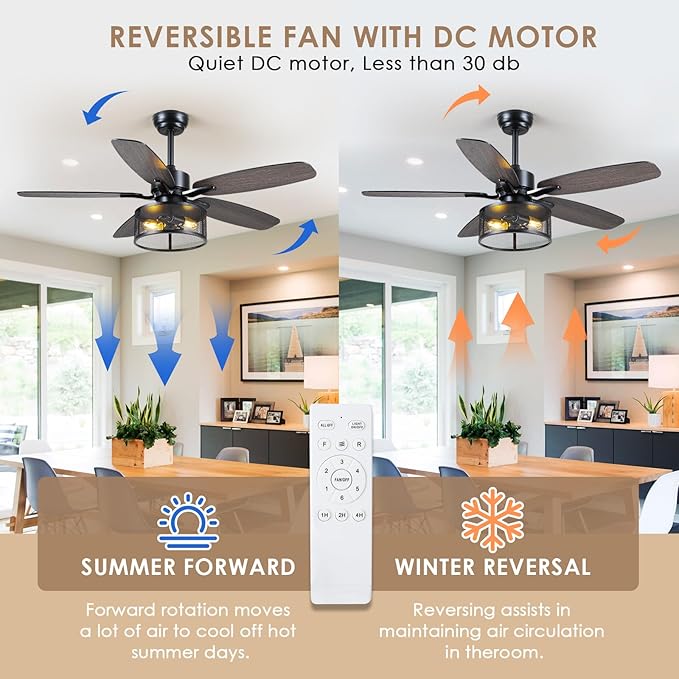 48" Black Farmhouse Ceiling Fan with Light and Remote, Industrial Cage Design, Rustic Flush Mount for Bedroom Living Room, E26 Base, DC Motor, 6-Speed Reversible with Timer, Dual Blades