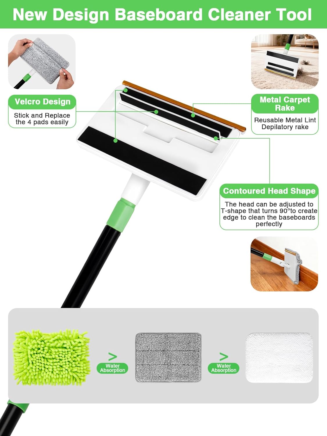 4-in-1 Baseboard Cleaning Tool with Extension Handle Baseboard Cleaning Brush 5 Reusable Pads 1 Stiff Bristle Brush Carpet Rake for Cleaning Baseboards Carpets Windows Walls Floors Bathrooms Kitchen