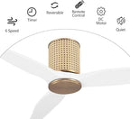 48" Ceiling Fan No Light - Low Profile Flush Mount Ceiling Fan, 6-Speed Remote Control, Solid Wood, Quiet Reversible DC Motor, White/Gold Finish, for Bedroom, Living Room, Porch