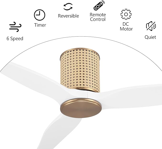 48" Ceiling Fan No Light - Low Profile Flush Mount Ceiling Fan, 6-Speed Remote Control, Solid Wood, Quiet Reversible DC Motor, White/Gold Finish, for Bedroom, Living Room, Porch