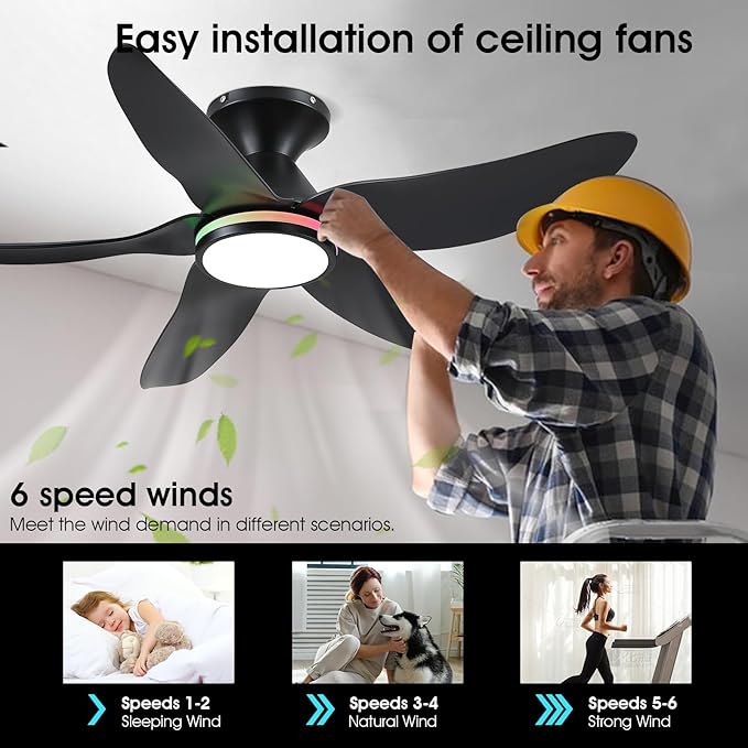 46" Ceiling Fans with Lights Remote/APP Control, Low Profile Ceiling Fans with Dimmable White Colors+Ring RGB Lights, 6 Speeds 5 Reversible Curved Blades for Kids Room Bedroom Living Room Bar, Black