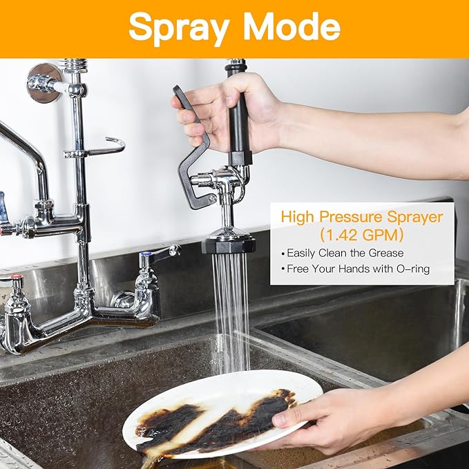 Commercial Sink Faucet with Sprayer 36"Height 8"Center Brass Constructed Wall Mount Commercial Kitchen Faucet with Pull Down Pre-Rinse Sprayer and 12" Swing Spout for 2/3 Compartment Sink(36")