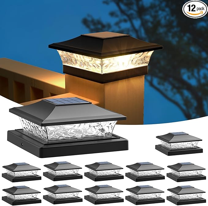 APONUO Solar Post Cap Lights 12 Pack, Waterproof Outdoor LED Deck Lights for 4x4, 5x5, 6x6 Wood Fence & Vinyl Posts, 2 Color Modes (Warm/Cool), All-Night Lighting, Auto On/Off, Patio Garden Yard Decor