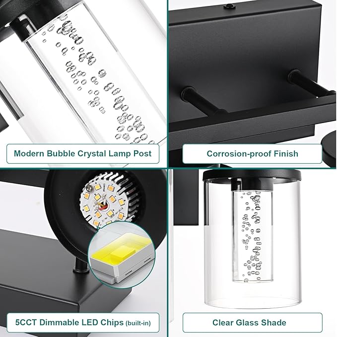 5-Light Black Bathroom Vanity Lights,Modern Wall Lamps for Bedroom,Dimmable Led Vanity Lighting for Bathroom Mirror,5CCT LED Wall Sconces Light Fixtures with Clear Glass Shade