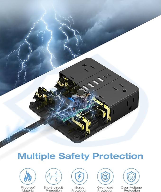 Flat Plug Power Strip, AOFO 5 Ft Extension Cord with 12 Outlets & 6 USB Ports (4 USB-A, 2 USB-C), Surge Protector, Ideal for Home, Office, Dorm, Large Spaces, Reliable and Safe, Black