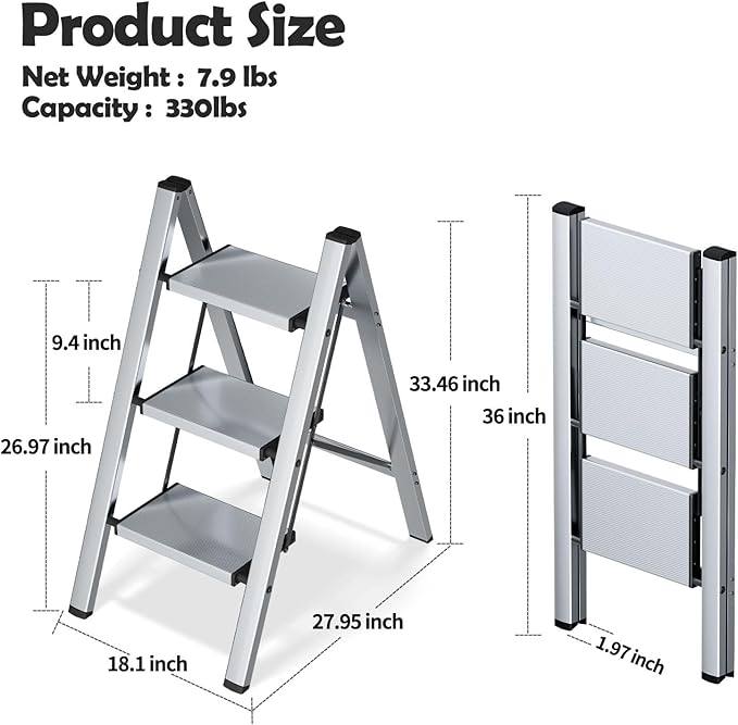 Taranta 3 Step Ladder,Aluminum Lightweight Folding 3 Step Stool with Anti-Slip Wide Pedal,330lbs Capacity Step Ladder for Household,Kitchen,Office - Silver