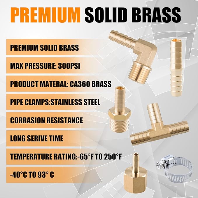 136Pcs Brass Hose Barb Fittings Assortment Kit Barb Splice/Female Adapter/Coupler/Tee/Male Elbow NPT Thread 1/8" 3/16" 1/4" 5/16" 3/8" 1/2" Air Hose Fittings with Pipe Clamps for Water/Air/Fuel