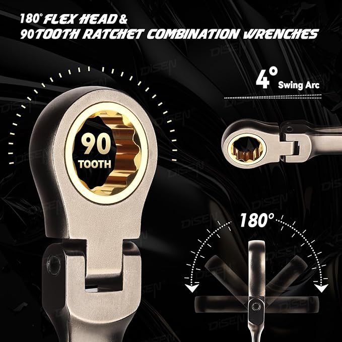 DISEN 90 Teeth Ratchet Wrenches Set 8 Pieces, Flex Head Ratcheting Wrench Set Metric 8 10 12 13 14 15 17 19MM, Nickel Plating Cr-V Constructed with Organizer Rack