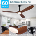 60 inch Wood Ceiling Fans with Lights and Remote,6 Speed Reversible DC Motor Indoor Outdoor Ceiling Fan for Patio,Living Room,Bedroom Black High Air Volume