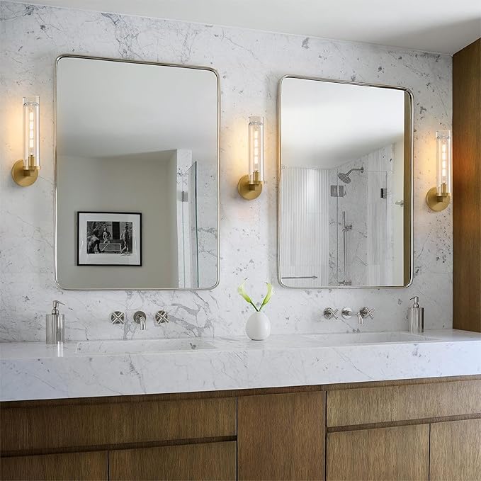 Modern Crystal Brass Gold Sconce: 14.5” Vintage Bathroom Sconce With Bulb - Clear Crystal Glass Tube Hardwired Mirror Vanity Light- Luxury Antique Indoor Brushed Gold Wall Lamp for Bedroom Living Room