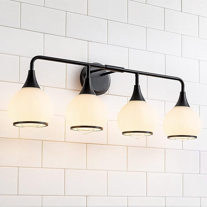 Black Bathroom Light Fixtures 4-Lights Vanity Lights with Milky White Frosted Glass Shade Bathroom Vanity Light 30.7 inch Wall Sconce Lighting Bath(Exclude E26 Bulb)