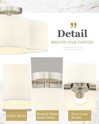 Semi Flush Mount 4-Light 14Inch Ceiling Lights with Fabric Shade in Quatrefoil Shape, Brushed Nickel for Nursery, Hallway, Bedroom, Kitchen - AD-22007-4SF-SN
