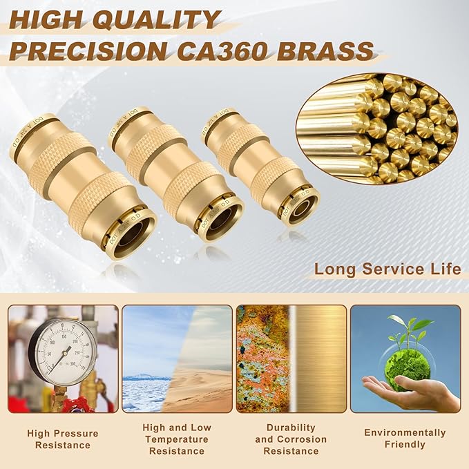 18pcs Quick Connect Brass DOT Air Line Fittings Straight Union 5/8” 3/4” 1/2” Tube Push to Connect Fittings Air Suspension Fittings Straight Air Brake Union Push Lock Pneumatic Air Hose Fitting