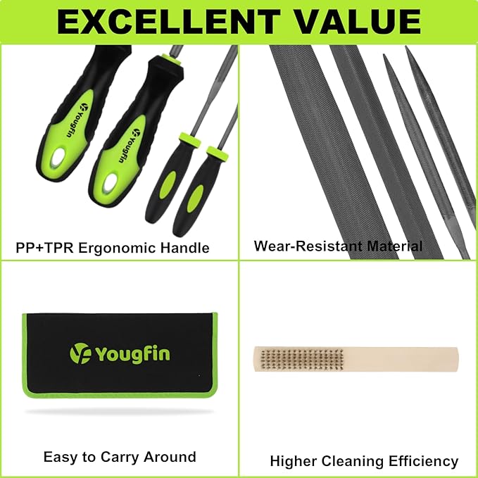 Yougfin 17 pcs File Set, 12 pcs Needle Files and 4 pcs Large Metal Files with Tool bag, Ideal Hand Tool for Woodwork, Metal, Model & Hobby Applications
