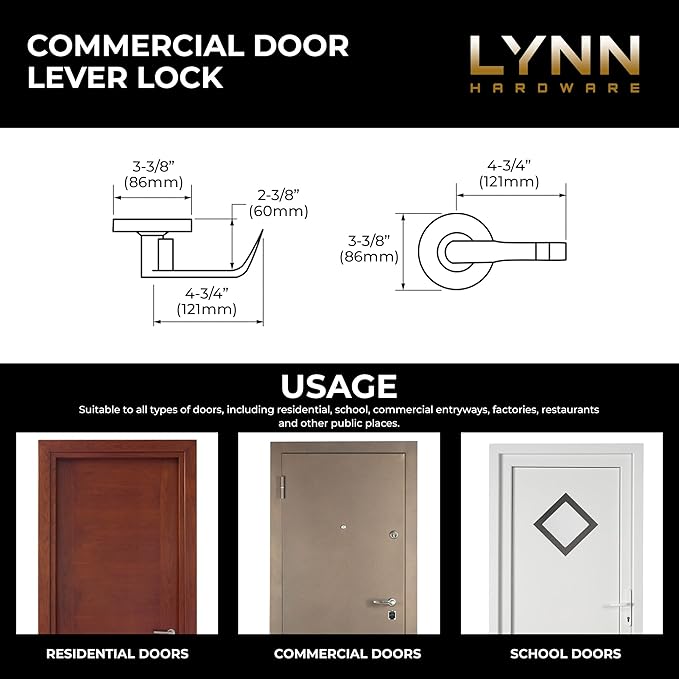 LYNN HARDWARE Commercial Door Lever Lock - Heavy-Duty Locking Door Handle, Designer Door Handles, Cylindrical Lever Lock, Non-Handed Grade 2 Door Handle, Satin Chrome, Entrance/Keylock