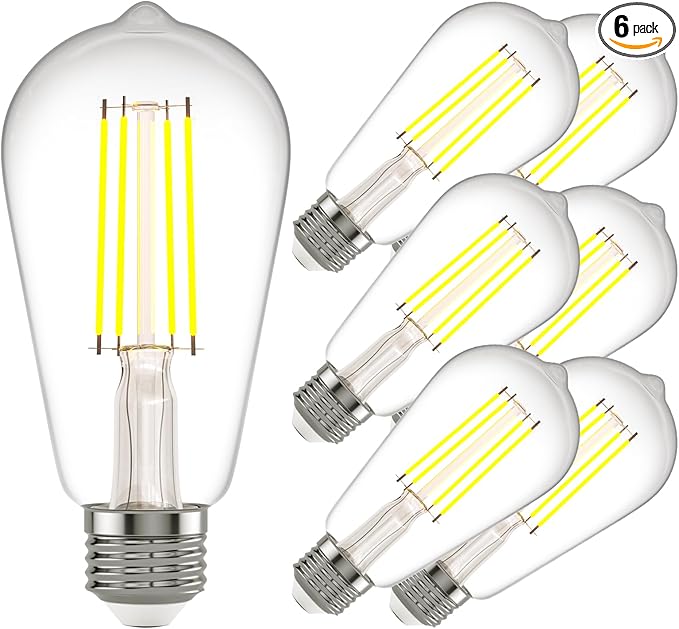 Kawaya E26 LED Edison Bulbs: 6W Equivalent 60 Watt Dimmable LED Light Bulbs - Vintage Warm Lights 2700k 800 Lumens High Brightness Filament Bulbs with 90+ CRI - Clear Glass, 6 Pack