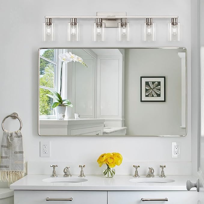 6-Light Bathroom Light Fixtures, Vanity with Clear Glass, Brushed Nickel Lighting Fixtures Over Mirror, 42inch Large Lights for Bathroom