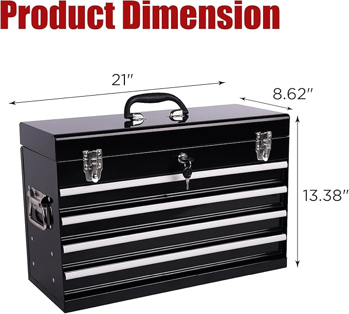 4 Drawers Metal Tool Box, 21" Portable Steel Tool Chest w/Key Lock & Latch Closure, Multi-Function Top Storage Tray Toolbox w/Powder Coating & Ball Bearing Slides for Garage & Workshop(Black)