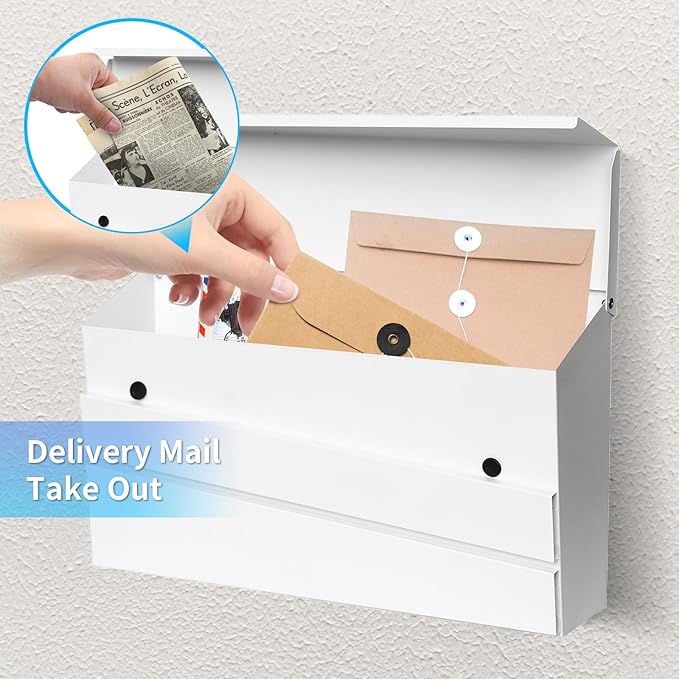 White Wall-Mount Mailbox, Modern Large Capacity Drop Mailboxes for Outside, Rust-Proof Galvanized Steel Post Box (No Keys Locking)