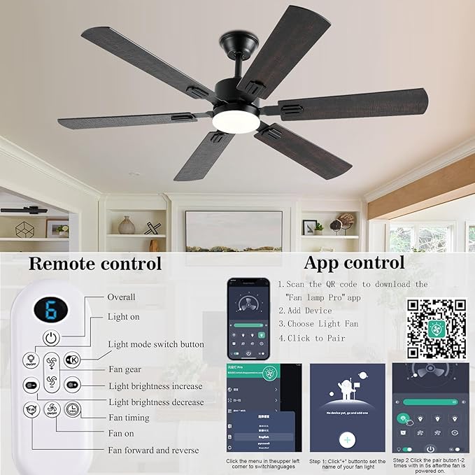 56inch Ceiling Fans with Lights and Remote/App Control, Dimmable LED, Reversible DC Motor, Noiseless, 6 Double-side blades, Modern Low Profile Ceiling Fan for Indoor/Outdoor Use (Brown)