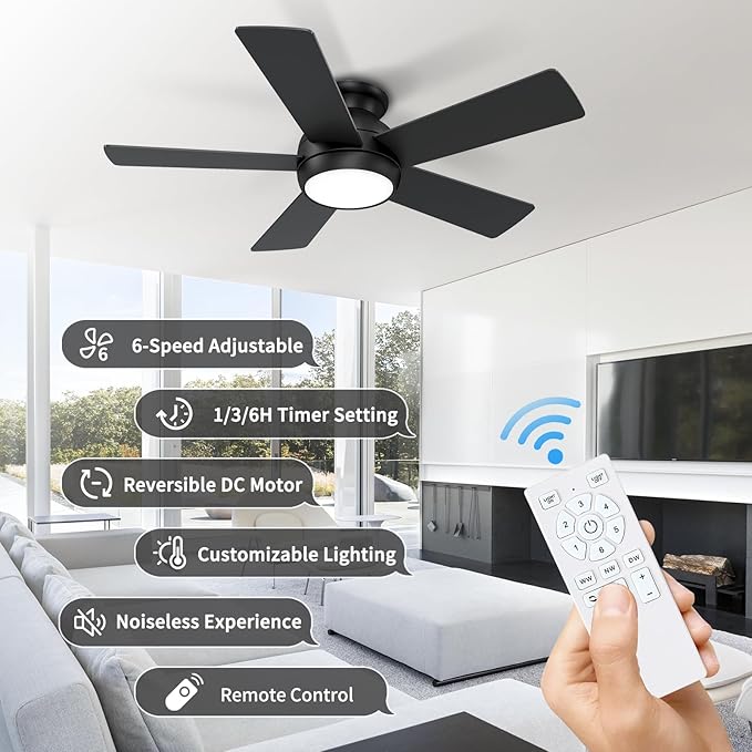 42 Inch Black Ceiling Fans with Lights and Remote, LED Low Profile Flush Mount Ceiling Fan for Bedroom, Living Room, Patio, Quiet DC Motor, 5 Blades