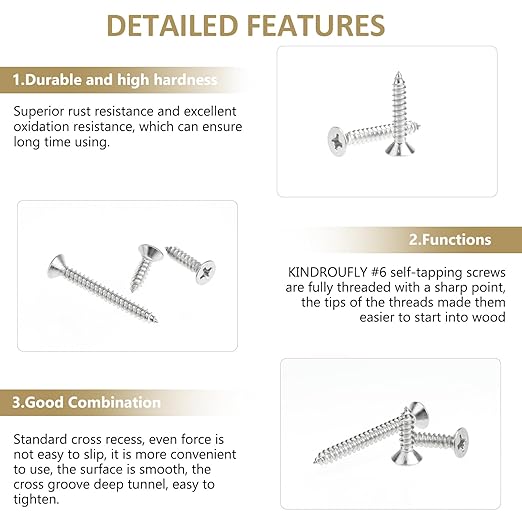 162 Pieces #6 x 1/2" 5/8" 3/4" 1" 1-1/4" Phillips Countersunk Head Self-Tapping Screws, Wood Screws Assortment Kit, 304 Stainless Steel