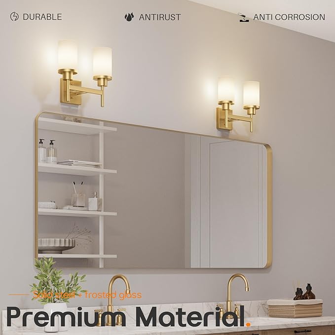 Vanity Lighting Fixtures with White Frosted Glass Shade, Double Wall Lamps for Bathroom Mirror Bedroom Living Room Washroom Porch, Gold T001GD-L2