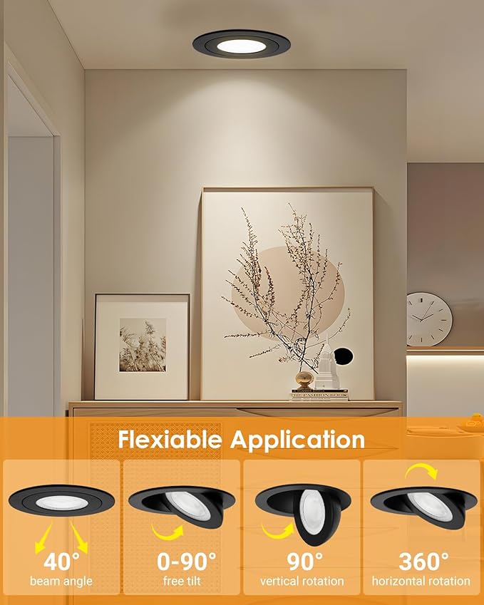 Gimbal LED Recessed Light - 4 Inch Black 9W 360° Rotation Directional Adjustable Eyeball Sloped Ceiling Recessed Lighting 4 inch Light Wafer Soffit Indoor Spotlight Canless Black 4 inch 6 Pack
