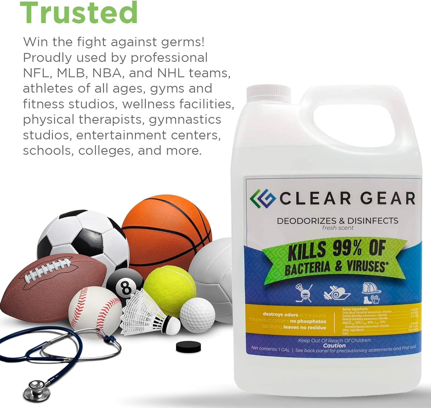 Clear Gear Gym Disinfectant Mat Cleaner, and Gym Equipment Deodorizer for Sports Equipment and Fitness Centers - EPA-Registered, Hospital Grade Disinfectant, Made in USA - (4) 1 Gallon Bottles