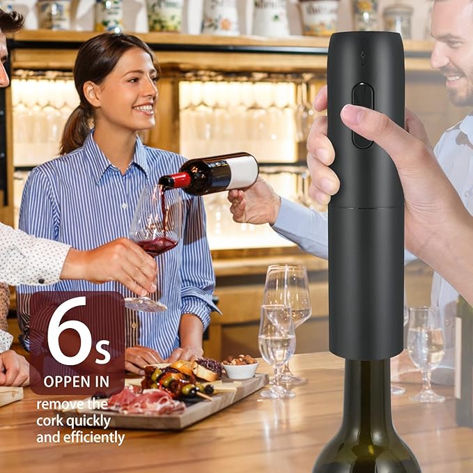 Electric Wine Bottle Opener Set with Charging Base- Black, Automatic Wine Bottle Opener with Led Light, Rechargeable Corkscrew Kit with Aerator，Foil Cutter，Stoppers