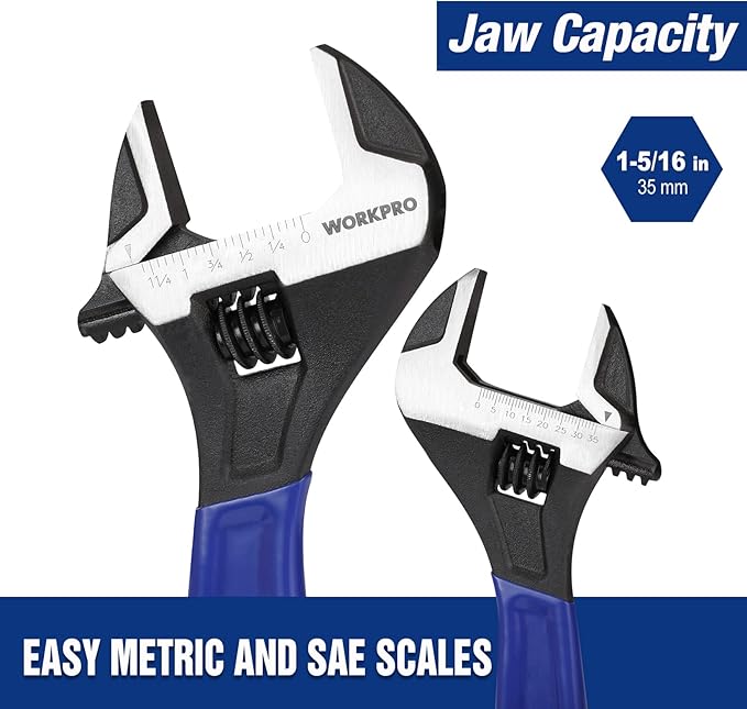 WORKPRO 10-Inch Adjustable Wrench, Cr-V Steel Wide Jaw Black Oxide Wrench, Metric & SAE Scales, for Home, Garage, Workshop and DIY