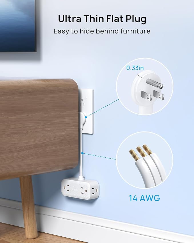 TROND Outlet Extender with 6 Inch Cord, Flat Plug Adapter for Inverted Sockets, 4 Electrical Sockets, 4 USB Ports, Multi Plug Wall Outlet for Home Travel, Cruise Ship Essentials, White